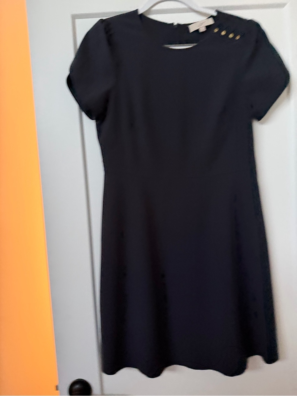 LOFT Ladies Navy Pinstripe Short-Sleeve Shift Dress Shoulder Buttons Size 10